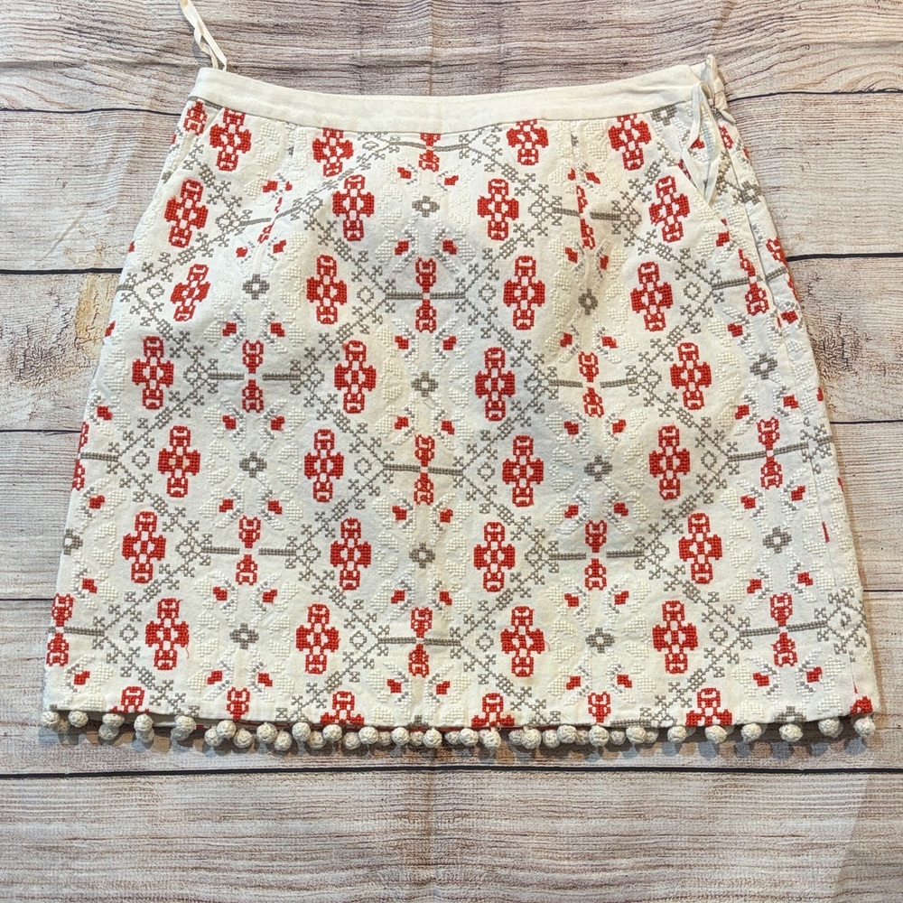 Maeve Anthropologie Red and Gray Embroidered Patterned Mini Skirt